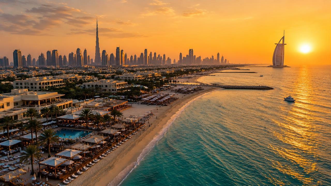 Aerial view of Dubai's beachfront restaurants and beach clubs