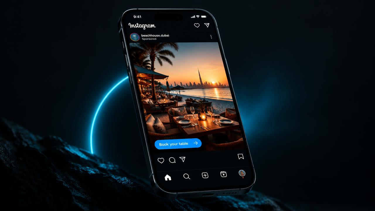 Instagram retargeting ad for a beachfront restaurant with a book your table button