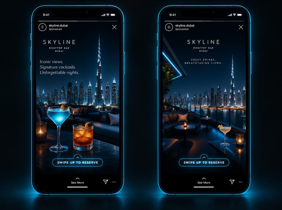 Instagram story ads for a rooftop bar with swipe up to reserve